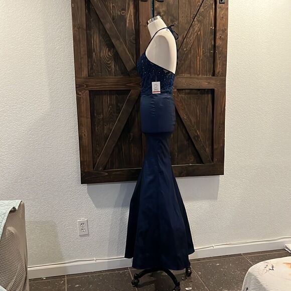 NWT Davids Bridal XSCAPE Bridesmaid Dress Navy Mermaid sheer Formal Dress Prom - Picture 8 of 14